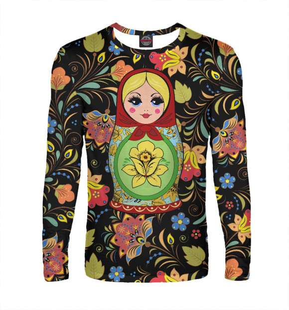Мужской лонгслив с изображением Русская матрёшка в хохломском узоре цвета Белый