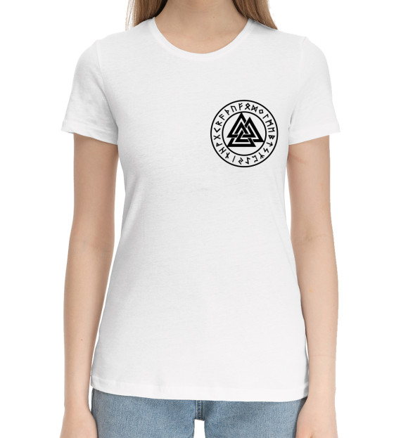 Женская хлопковая футболка с изображением Валькнут в круге рун цвета Белый