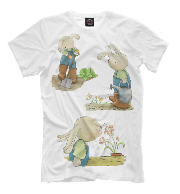 Мужская футболка с изображением Кролики в саду цвета Белый