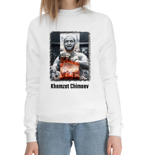 Женский хлопковый свитшот с изображением Хамзат Чимаев цвета Белый