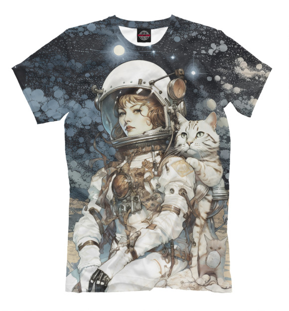 Мужская футболка с изображением Космонавт с белым полосатым котом цвета Белый