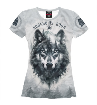 Женская футболка Волк на фоне леса с символикой валькнут