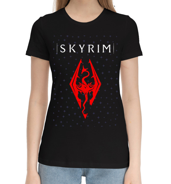 Женская хлопковая футболка с изображением Скайрим + Космос цвета Черный