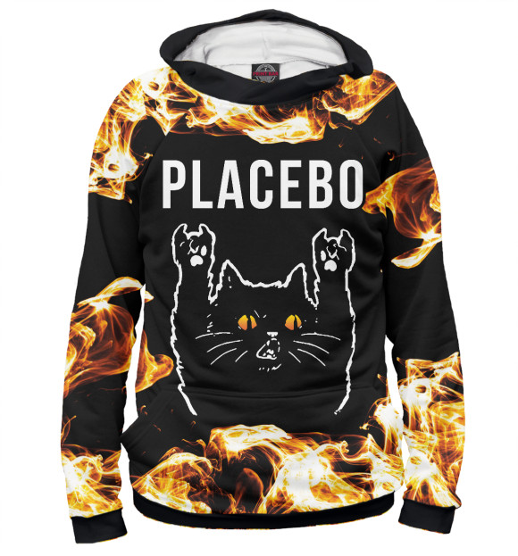 Худи для девочки с изображением Placebo Рок Кот и Огонь цвета Белый