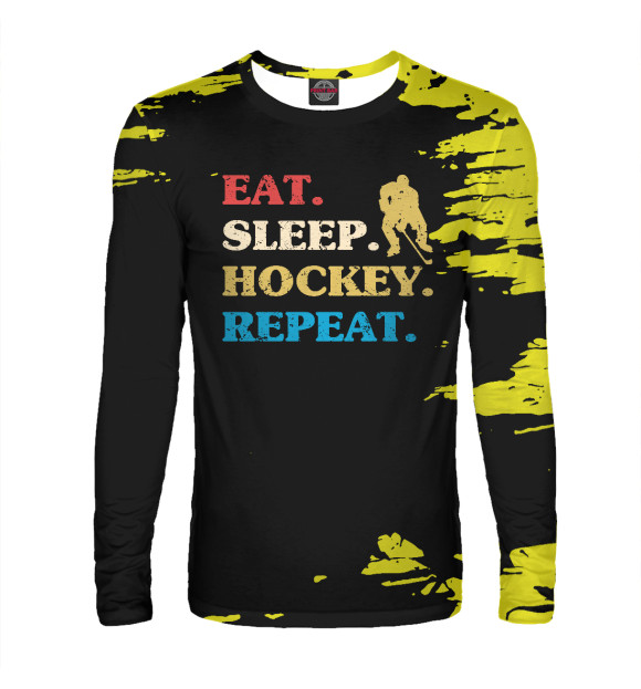 Мужской лонгслив с изображением Eat Sleep Hockey Repeat цвета Белый