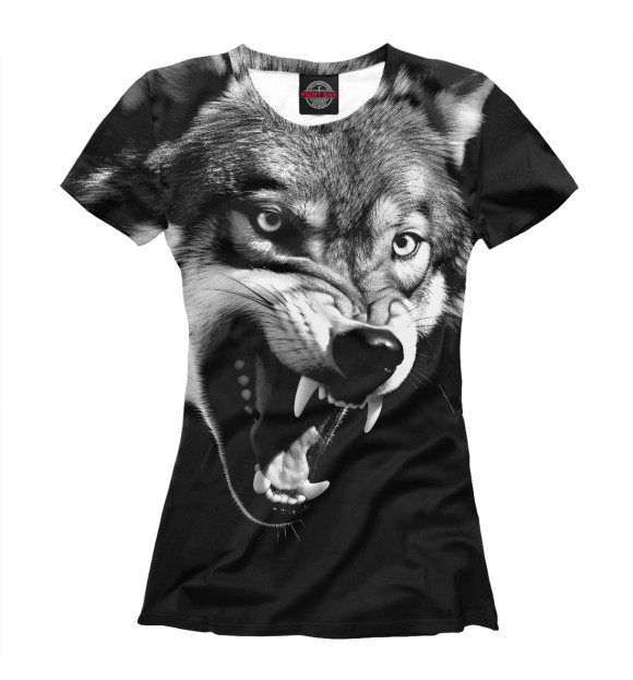 Женская футболка с изображением Разъяренный волк на черном фоне цвета Белый