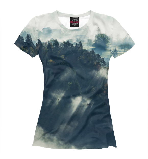 Женская футболка с изображением Туманный лес. Лучи солнца цвета Белый