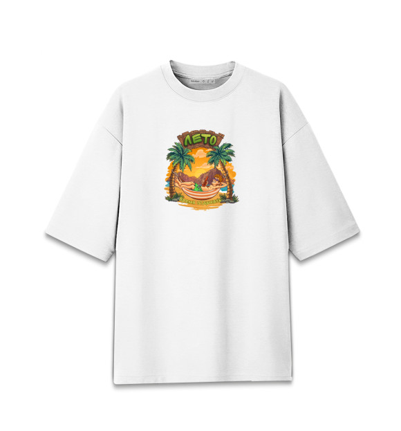 Мужская футболка оверсайз с притом Отдыхающий на пляже среди пальм цвета Белый Мужская футболка оверсайз с изображением Отдыхающий на пляже среди пальм цвета Белый