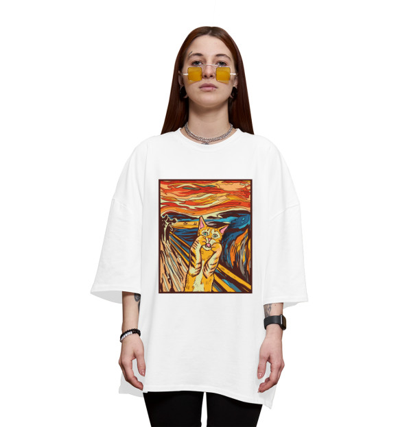 Женская футболка оверсайз с притом Крик кота Мунк пародия цвета Белый Женская футболка оверсайз с изображением Крик кота Мунк пародия цвета Белый