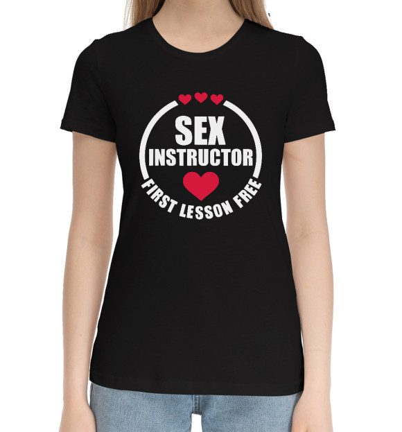 Женская хлопковая футболка с притом SEX INSTRUCTOR цвета Черный Женская хлопковая футболка с изображением SEX INSTRUCTOR цвета Черный