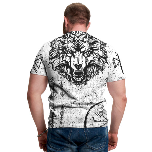 Мужская футболка с изображением Волк с рунами цвета Белый