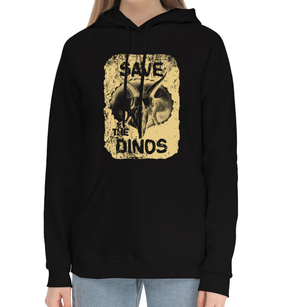 Женский хлопковый худи с изображением Save the dinos цвета Черный