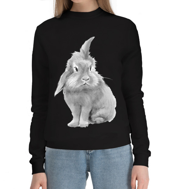 Женский хлопковый свитшот с изображением Черно-белый кролик цвета Черный