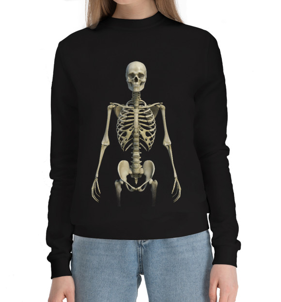 Женский хлопковый свитшот с изображением Стоящий скелет цвета Черный