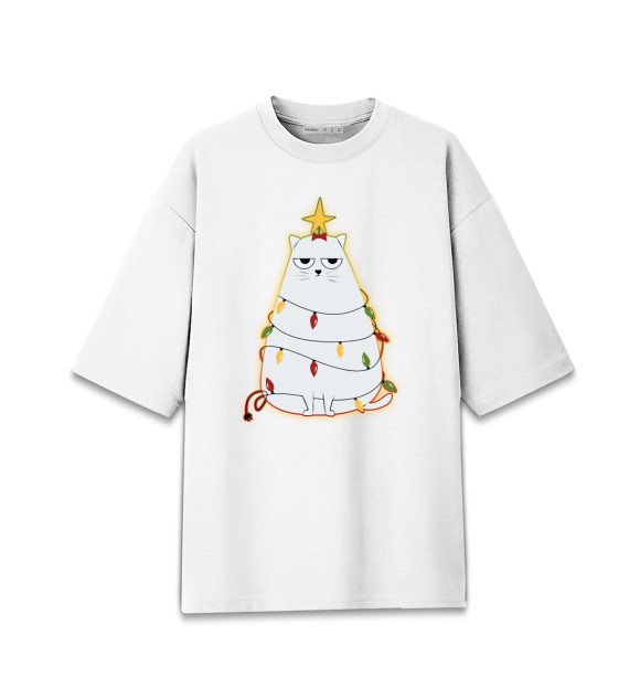 Женская футболка оверсайз с изображением Cute christmas cat цвета Белый