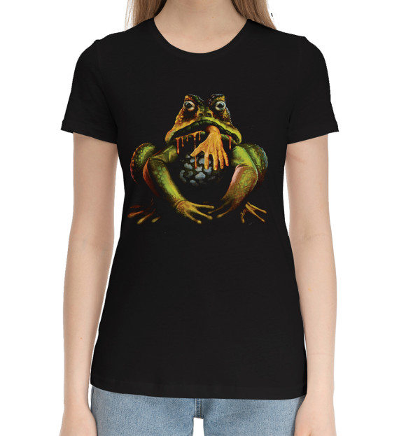 Женская хлопковая футболка с притом Лягуха цвета Черный Женская хлопковая футболка с изображением Лягуха цвета Черный