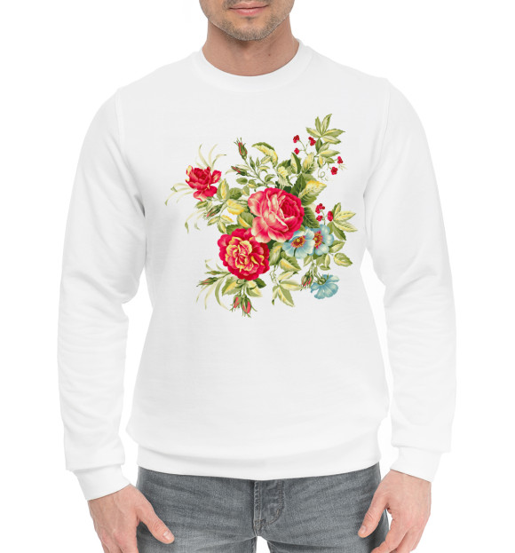 Мужской хлопковый свитшот с изображением Садовые цветы цвета Белый