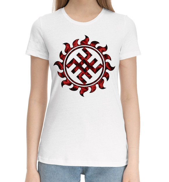 Женская хлопковая футболка с изображением Символ оберег Сварог цвета Белый