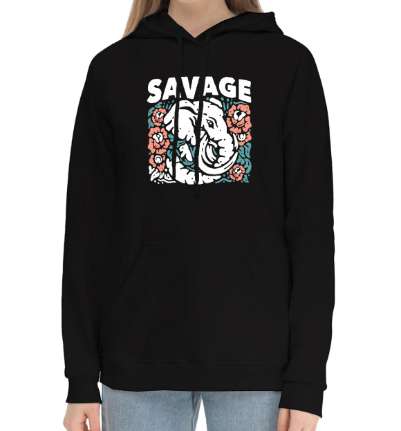 Женский хлопковый худи с изображением Дикий Слон цвета Черный