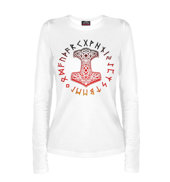 Женский лонгслив с притом Молот Тора Мьёльнир и руны цвета Белый Женский лонгслив с изображением Молот Тора Мьёльнир и руны цвета Белый