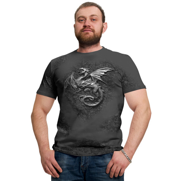 Мужская футболка с изображением Стальной Дракон на скале. цвета Белый