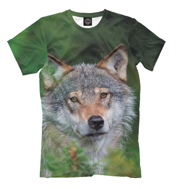 Мужская футболка с изображением Волк в зеленом лесу цвета Белый