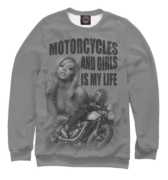 Мужской свитшот с изображением Мотоциклы и девушки... цвета Белый