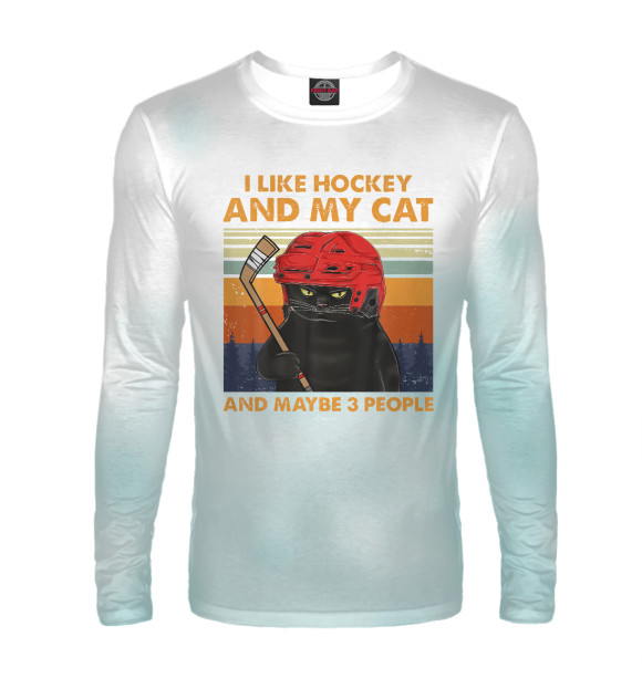 Мужской лонгслив с изображением I Like Hockey My Cat цвета Белый