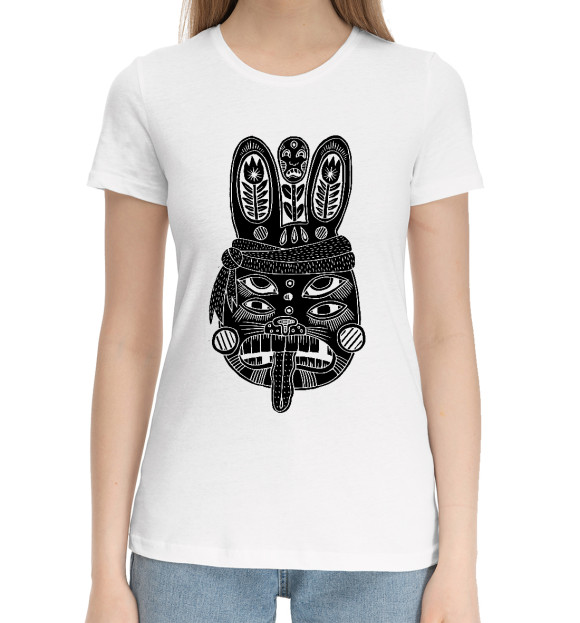 Женская хлопковая футболка с изображением ЗАЯЦ ЯЗЫЧНИК цвета Белый