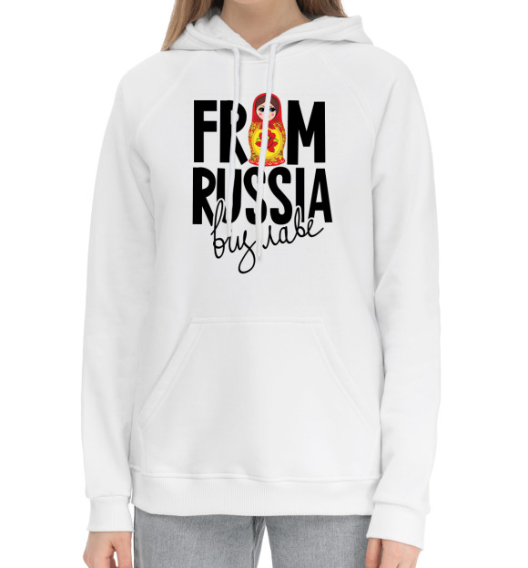 Женский хлопковый худи с притом From Russia виз Лаве цвета Белый Женский хлопковый худи с изображением From Russia виз Лаве цвета Белый