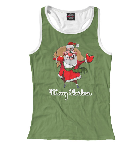 Женская майка-борцовка с изображением Веселый дед Мороз с мешком цвета Белый