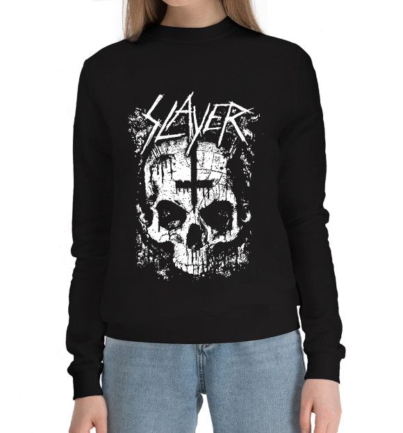 Женский хлопковый свитшот с изображением Slayer (cross) цвета Черный