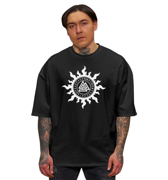 Мужская футболка оверсайз с изображением Валькнут в лучах цвета Черный