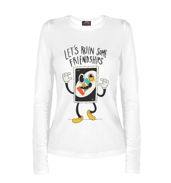 Женский лонгслив с притом Давай разрушим дружбу цвета Белый Женский лонгслив с изображением Давай разрушим дружбу цвета Белый