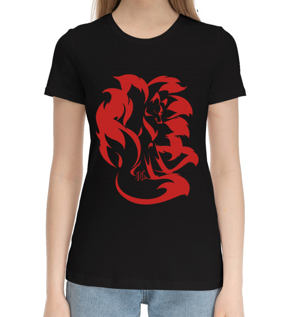 Женская хлопковая футболка с изображением Девятихвостая лиса цвета Черный