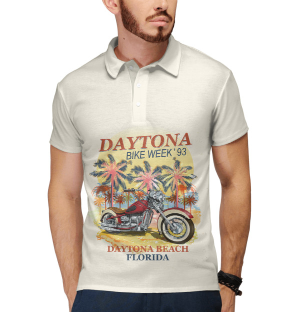 Мужское поло с притом Мотоцикл на пляже цвета Белый Мужское поло с изображением Мотоцикл на пляже цвета Белый