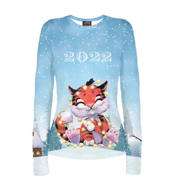 Женский лонгслив с изображением Тигренок в гирлянде цвета Белый