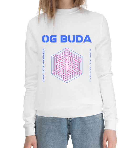 Женский хлопковый свитшот с изображением OG Buda цвета Белый