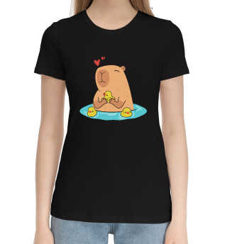 Женская хлопковая футболка Капибара в озере с уточками