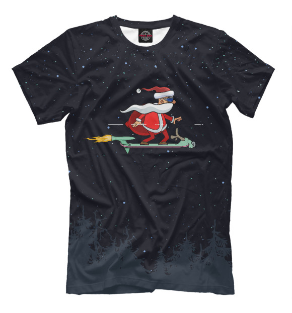Мужская футболка с изображением Санта на летающем скейтборде цвета Белый