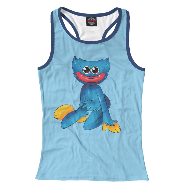 Женская майка-борцовка с притом Poppy Playtime Хагги Вагги (голубой фон) цвета Белый Женская майка-борцовка с изображением Poppy Playtime Хагги Вагги (голубой фон) цвета Белый