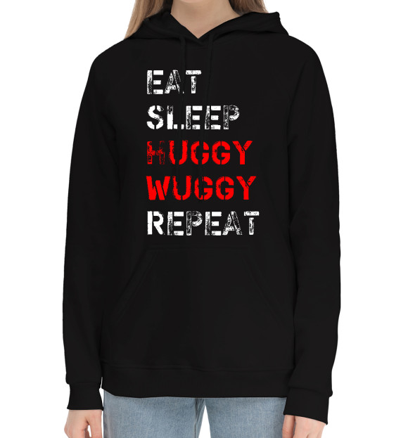 Женский хлопковый худи с изображением Eat Sleep Huggy Wuggy Repeat цвета Черный