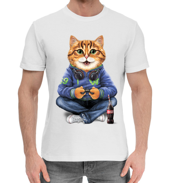 Мужская хлопковая футболка с изображением Кот геймер цвета Белый