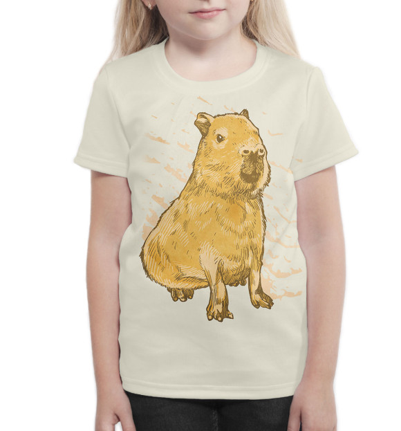 Футболка для девочек с изображением Рисованная капибара цвета Белый