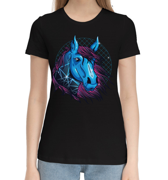 Женская хлопковая футболка с изображением Лошадь цвета Черный