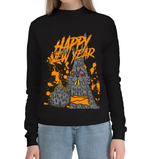 Женский хлопковый свитшот с изображением Happy New Year цвета Черный