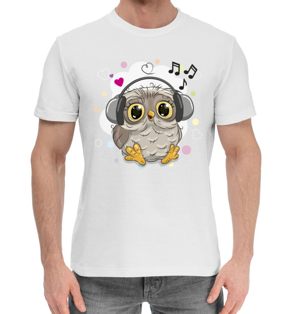 Мужская хлопковая футболка с изображением Совушка-меломан цвета Белый