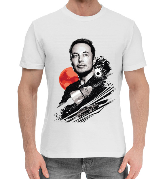 Мужская хлопковая футболка с изображением Илон Маск цвета Белый