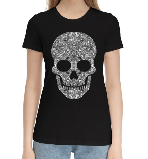 Женская хлопковая футболка с изображением Skull B/W цвета Черный