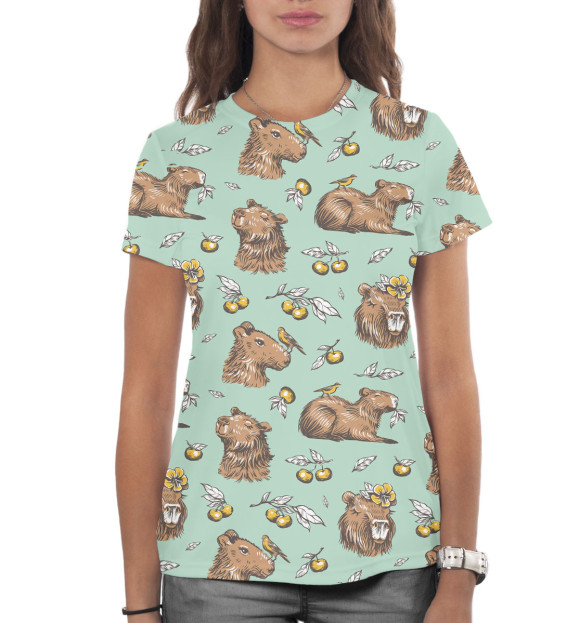 Женская футболка с изображением Капибара с ягодами цвета Белый